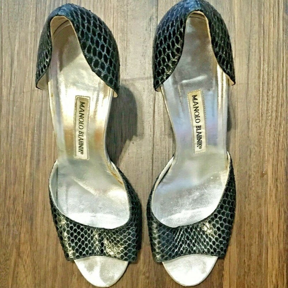 Manolo Blahnik Snakeskin Print Kitten Heels